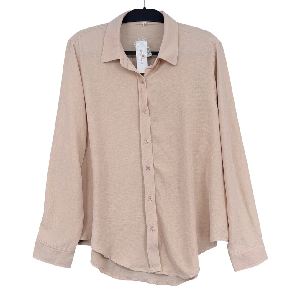 No Comment Button Down Shirt Womens XL 100% Polyester Beige Pink Long Sleeve